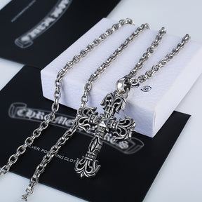 Chrome hearts punk flame pendant Roman cross necklace