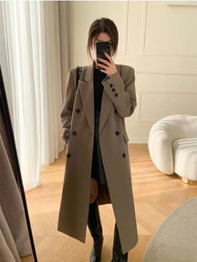 Double-breasted suit collar long coat