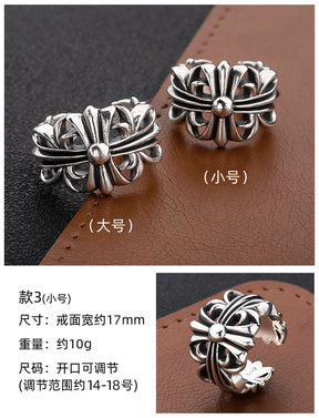 S925 sterling silver chrome hearts cross flower retro open ring