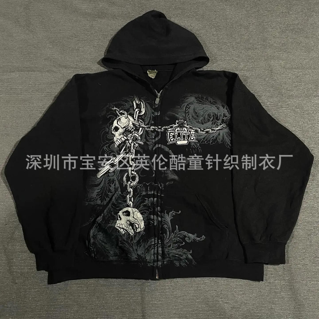 Y2K 90s Retro Graphic Skeleton Zipper Hoodie