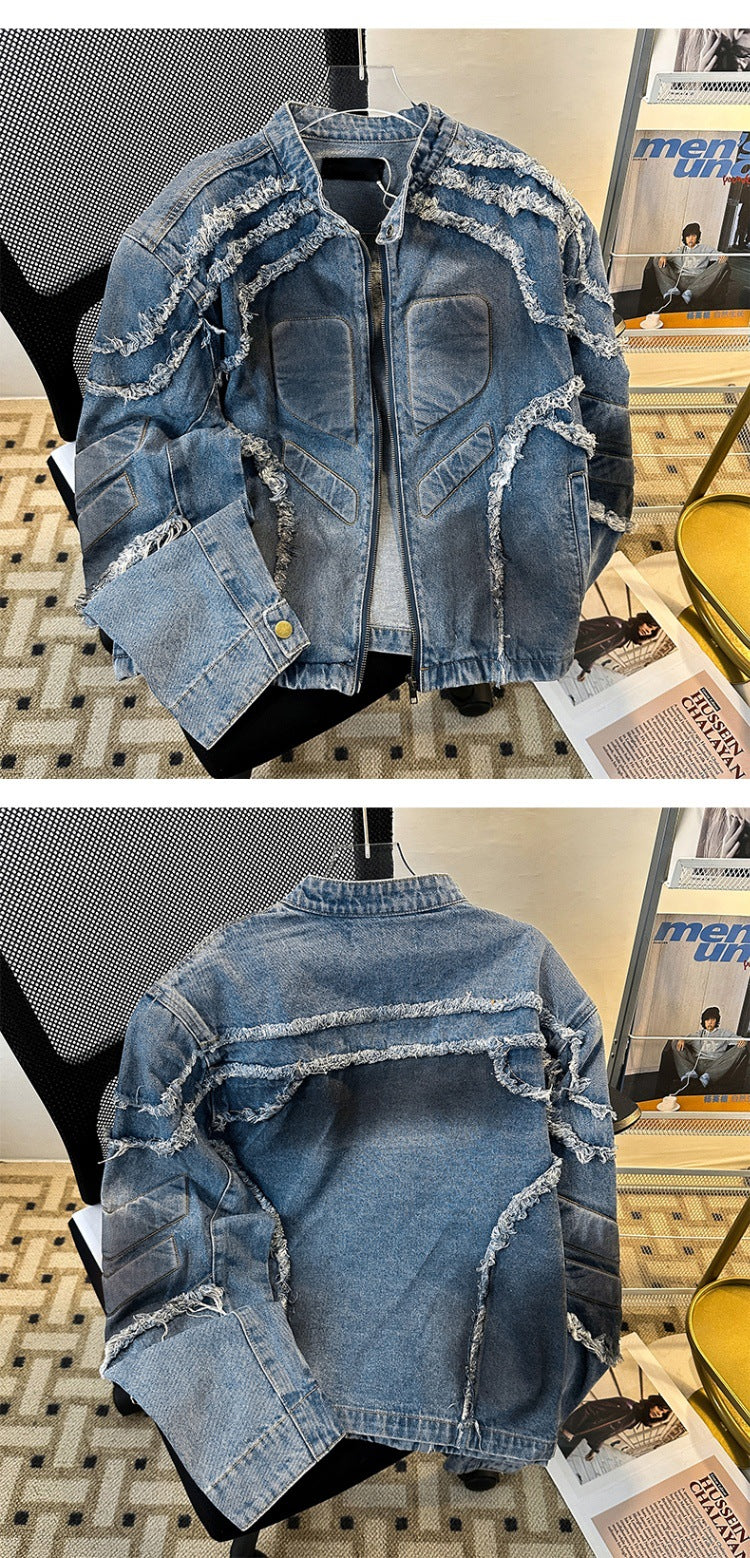 Embossed Raw-Hem Padded-Shoulder Denim Jacket