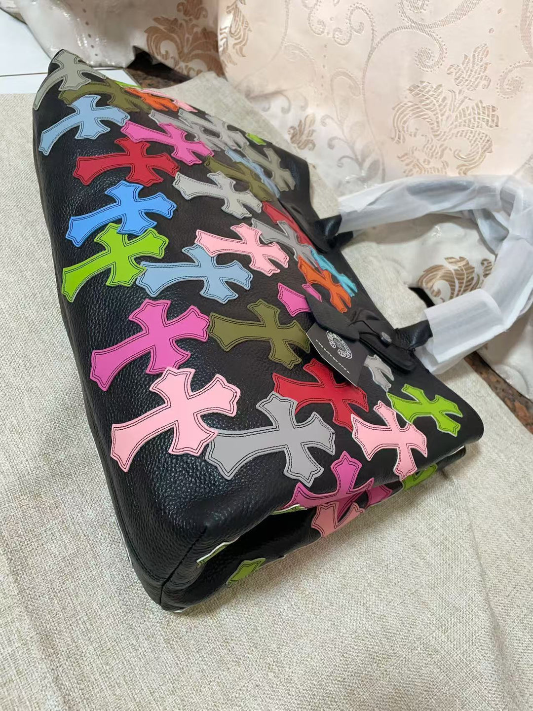Chrome Hearts Genuine Leather Handbag with Floral Pattern