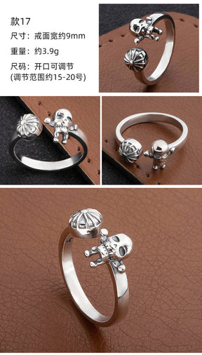 S925 sterling silver chrome hearts cross flower retro open ring