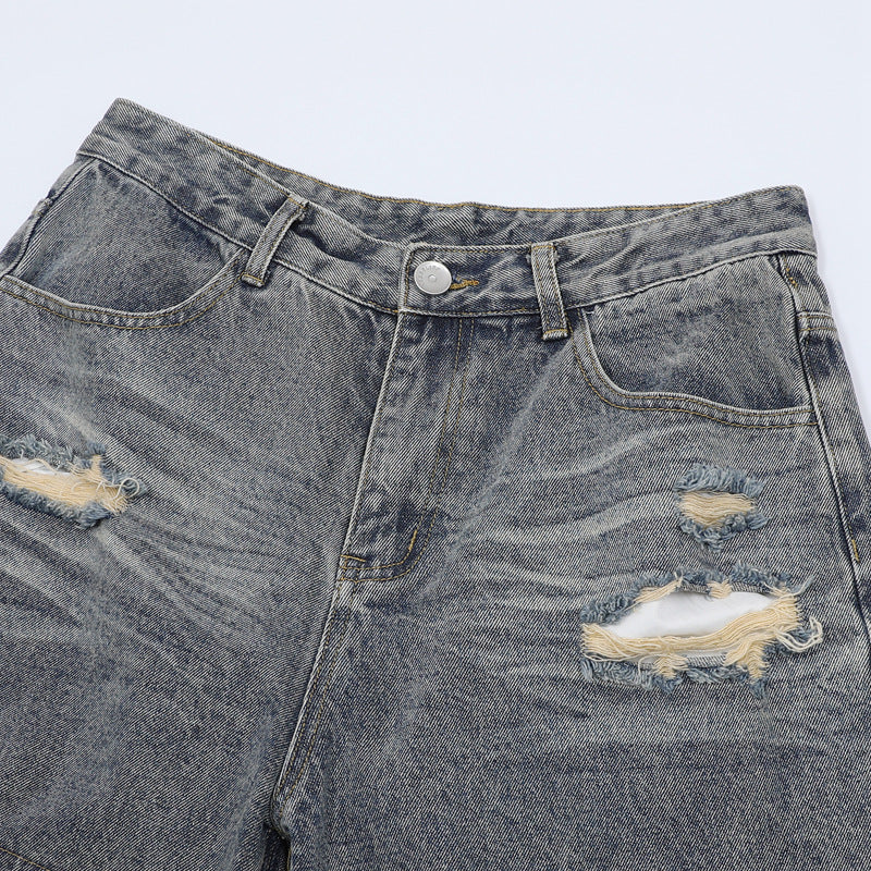Raw-Hem Leopard-Print Patchwork Denim Shirt & Shorts Set
