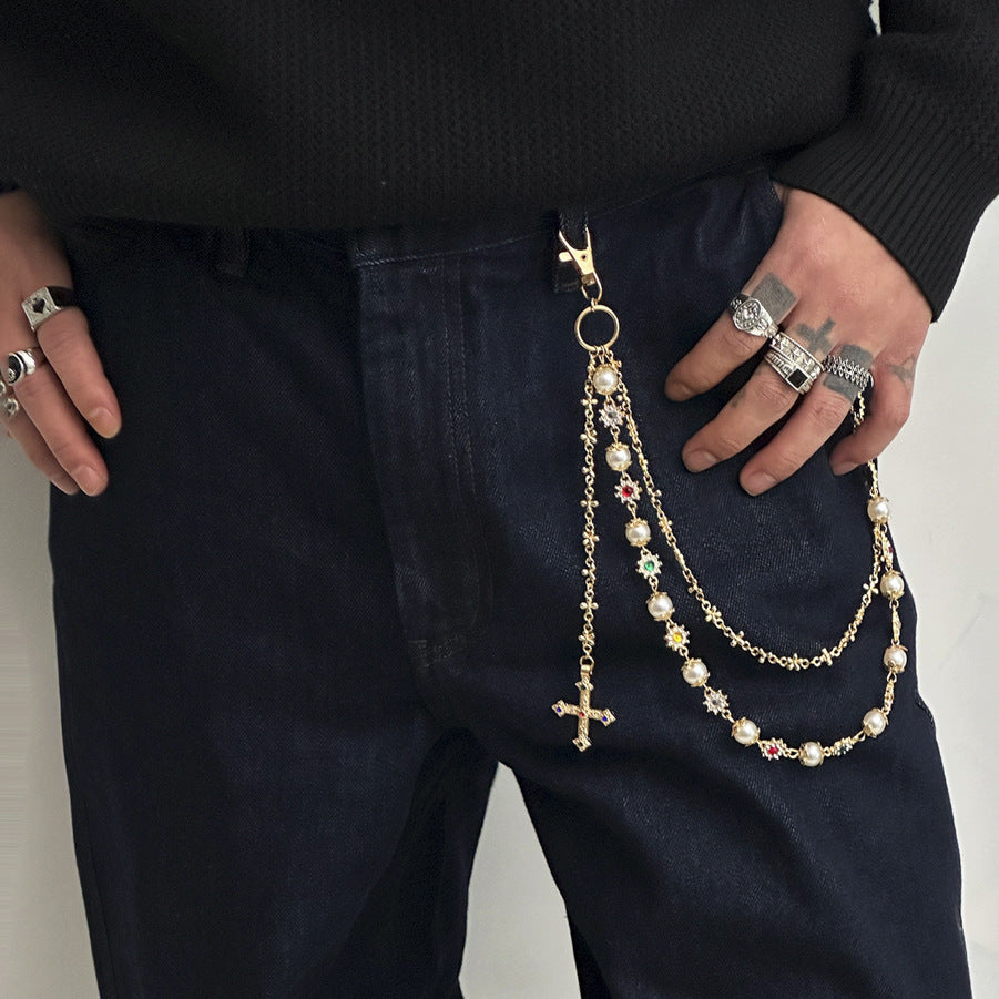 Pearl, Multi-Gemstone, Cross & Floral Pant Chain