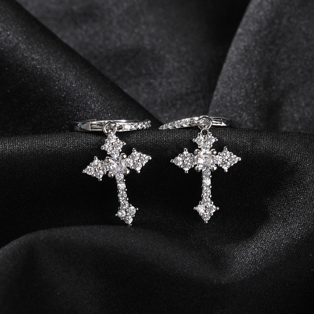 Hip-hop cubic zirconia cross earrings