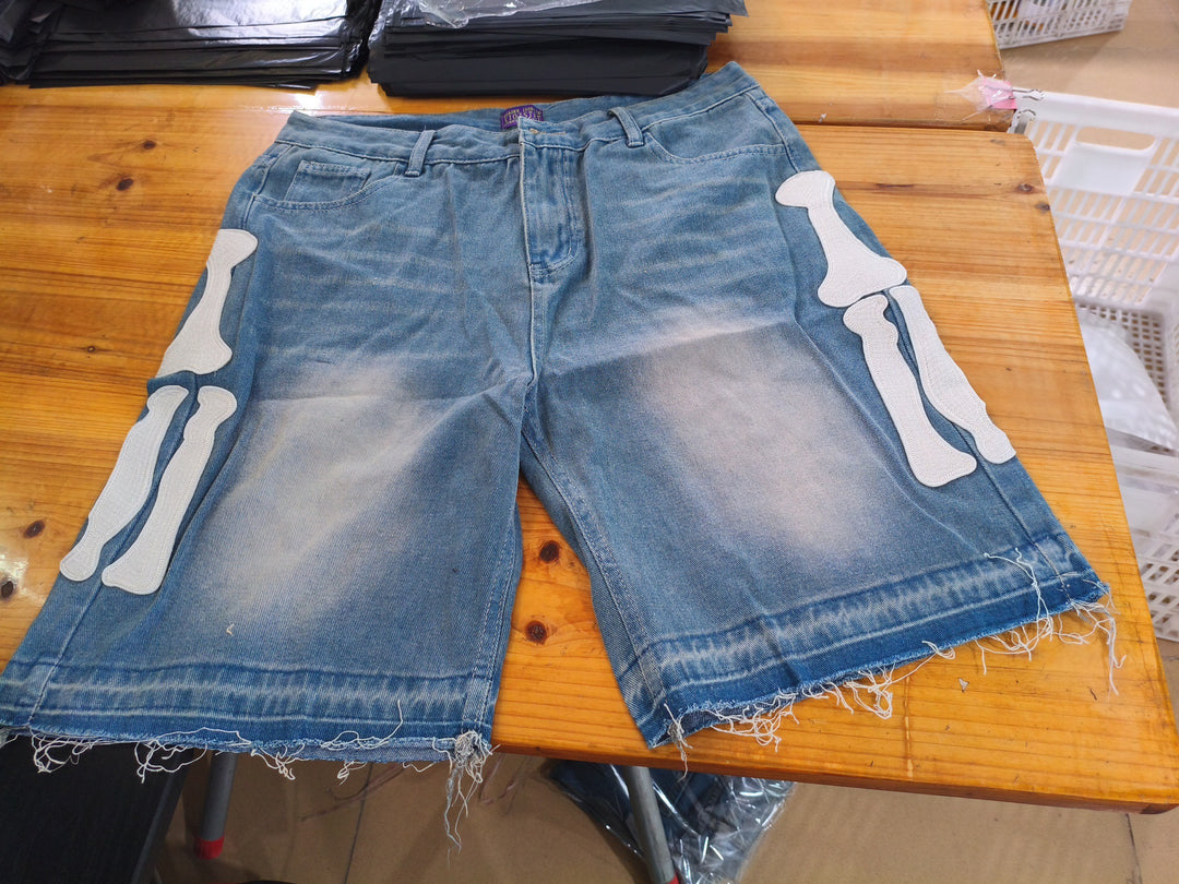 Y2K Embroidered Bone Casual Pants Loose Denim Shorts