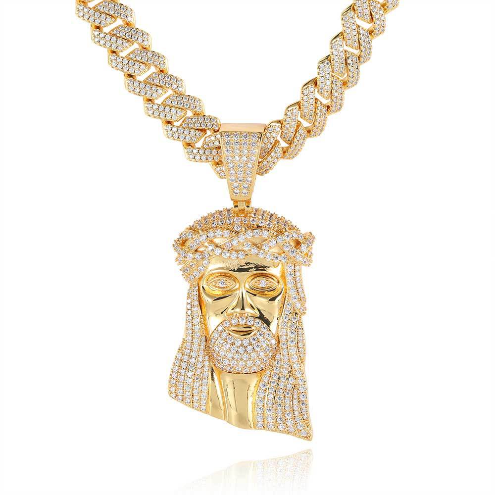 Micro Paved Zircon Jesus Head Hip Hop Men's Pendant Necklace