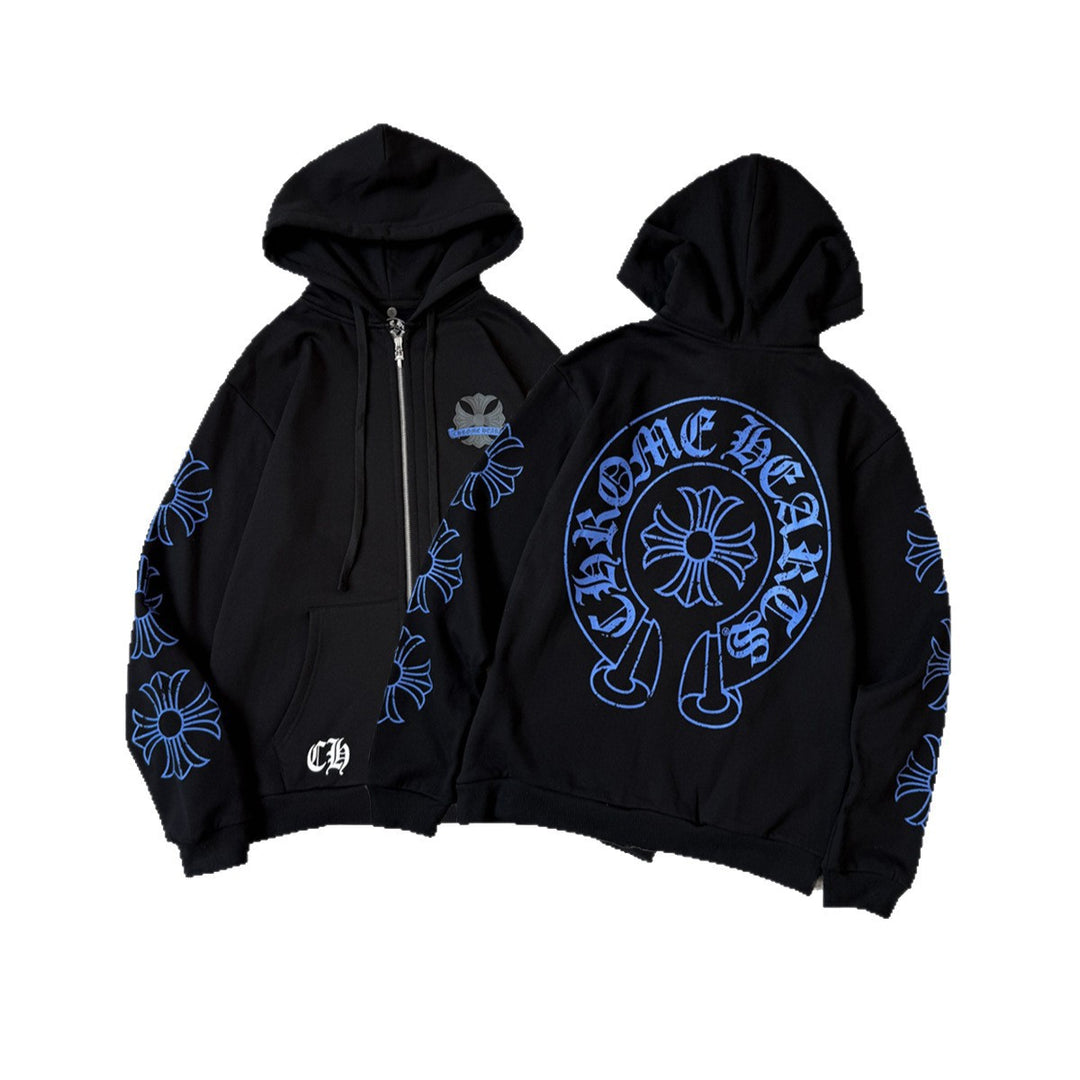 Chrome Hearts blue horseshoe hooded zip-up jacket