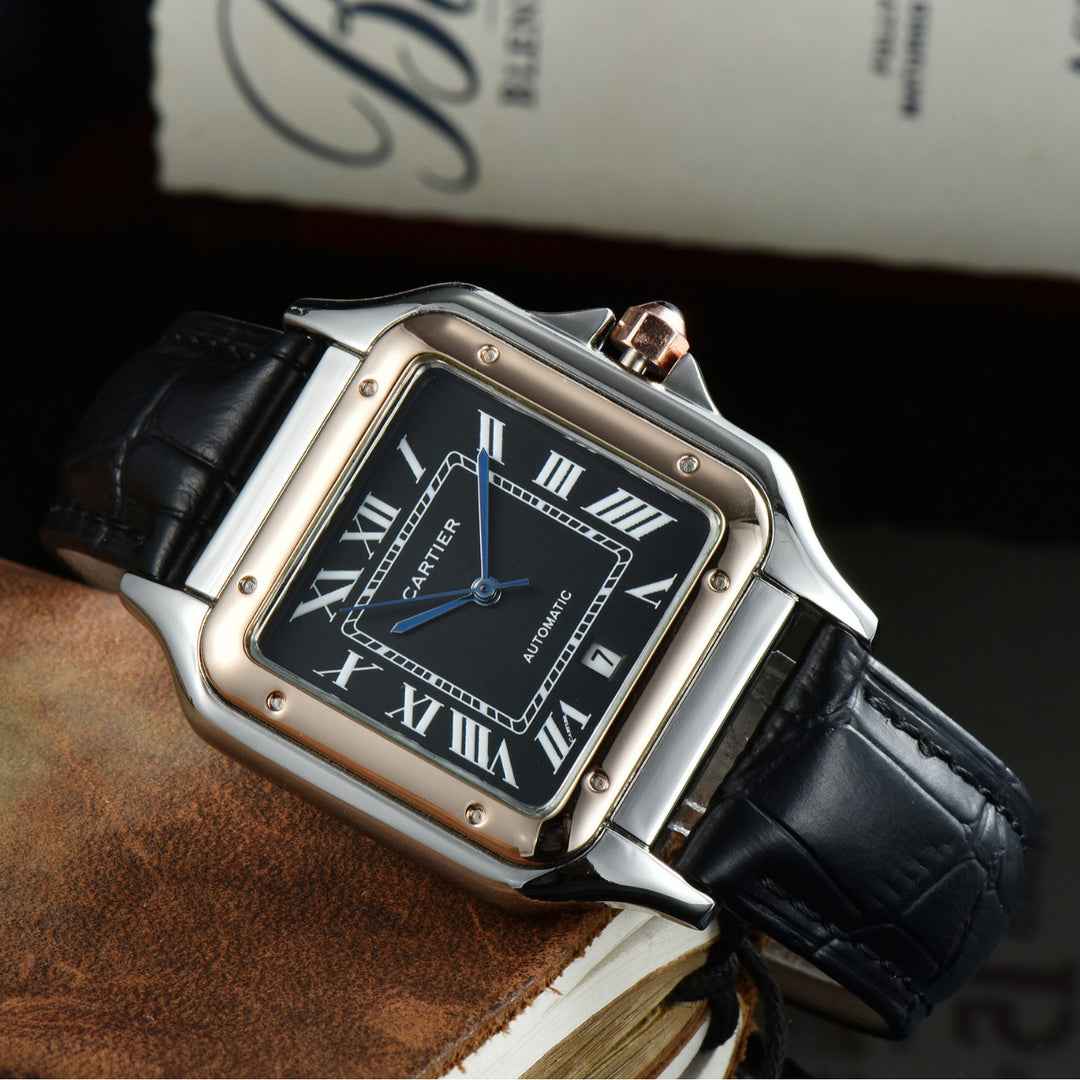 Leather Strap, Three-Hand Quartz Watch with Square Case