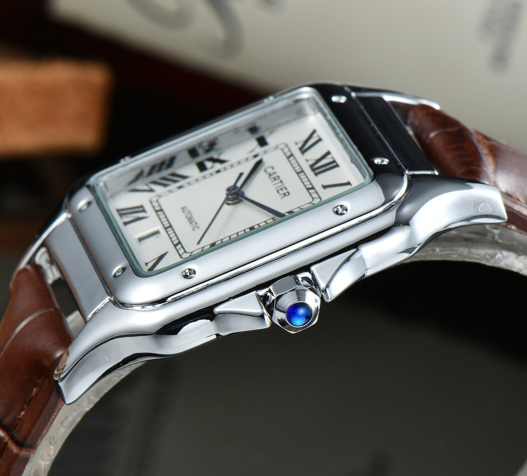 Leather Strap, Three-Hand Quartz Watch with Square Case