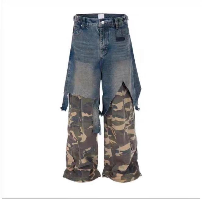 Patchwork distressed camouflage jeans