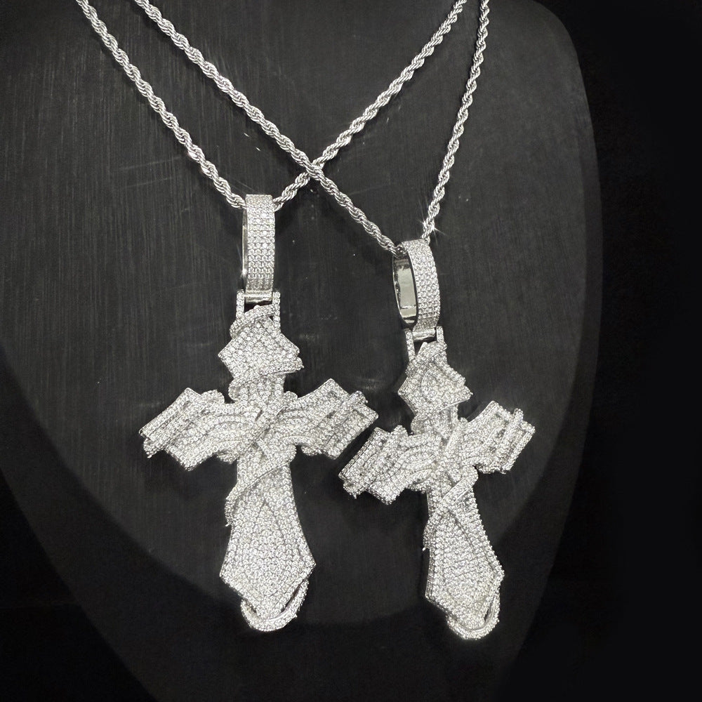 Hip-hop full diamond thorny cross necklace