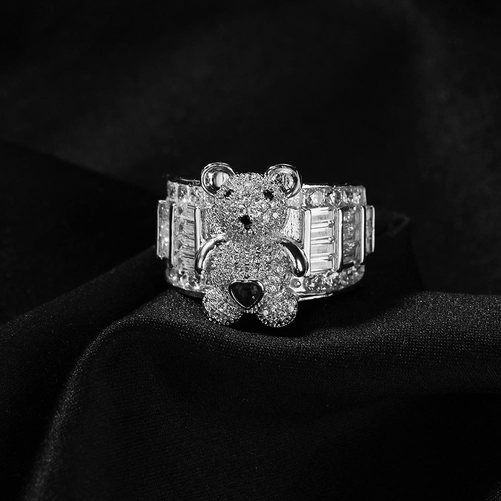 Hip-hop cute bear diamond-encrusted adjustable ring