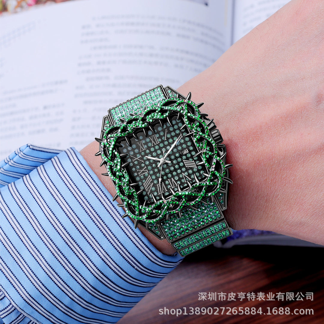 Square spiky dial, full diamond quartz watch