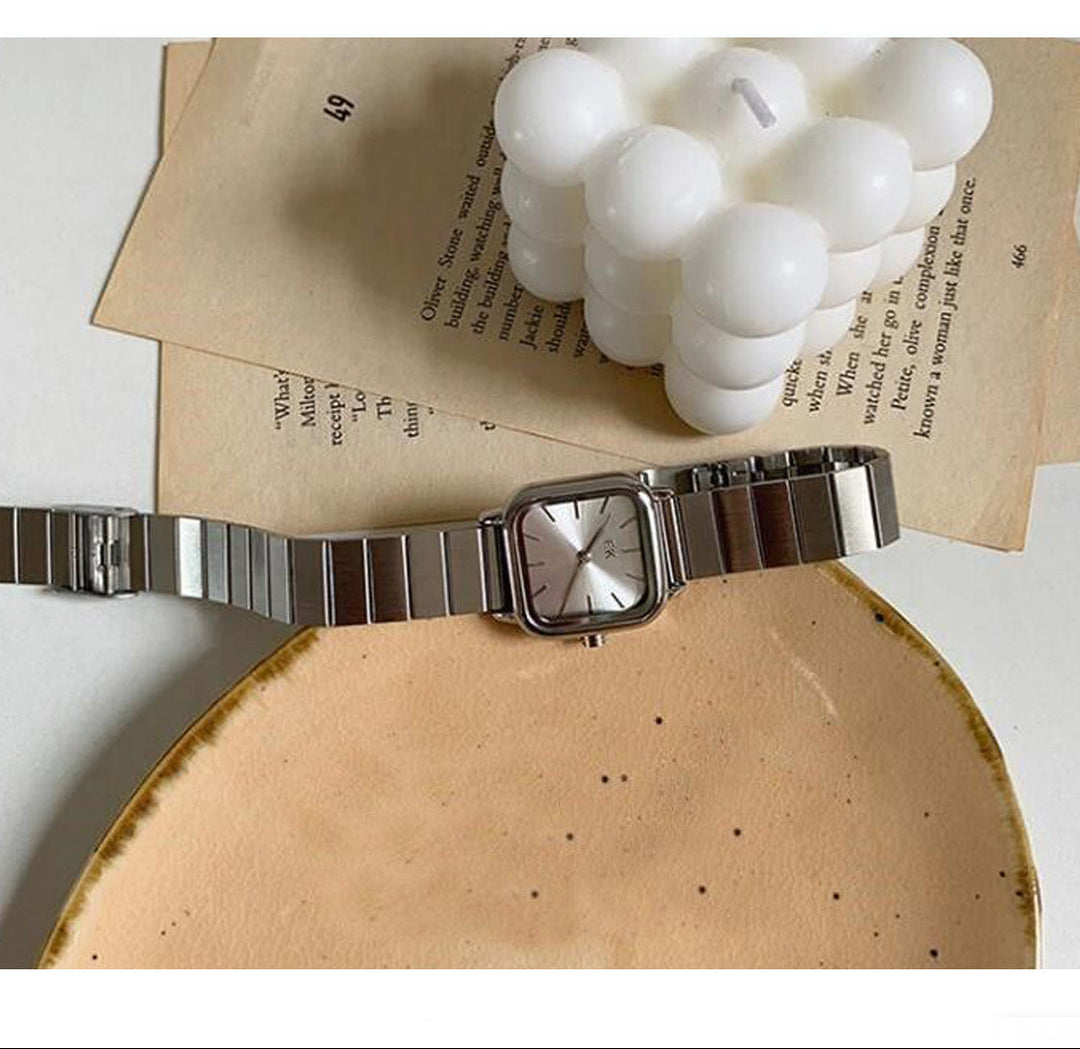 Collegiate-Style Square Watch with Bamboo-Texture & Sunray Dial