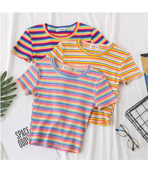 Women's short navel-baring rainbow striped tight T-shirt