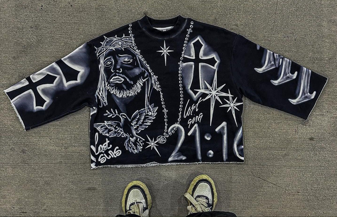 Graffiti print trendy T-shirt, three-quarter sleeve top