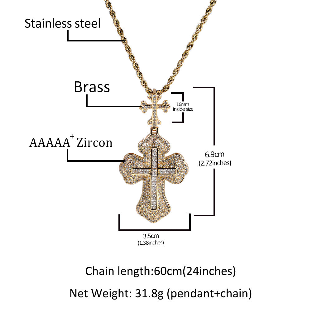 Hip-hop zircon-encrusted couple's necklace with large and small crosses
