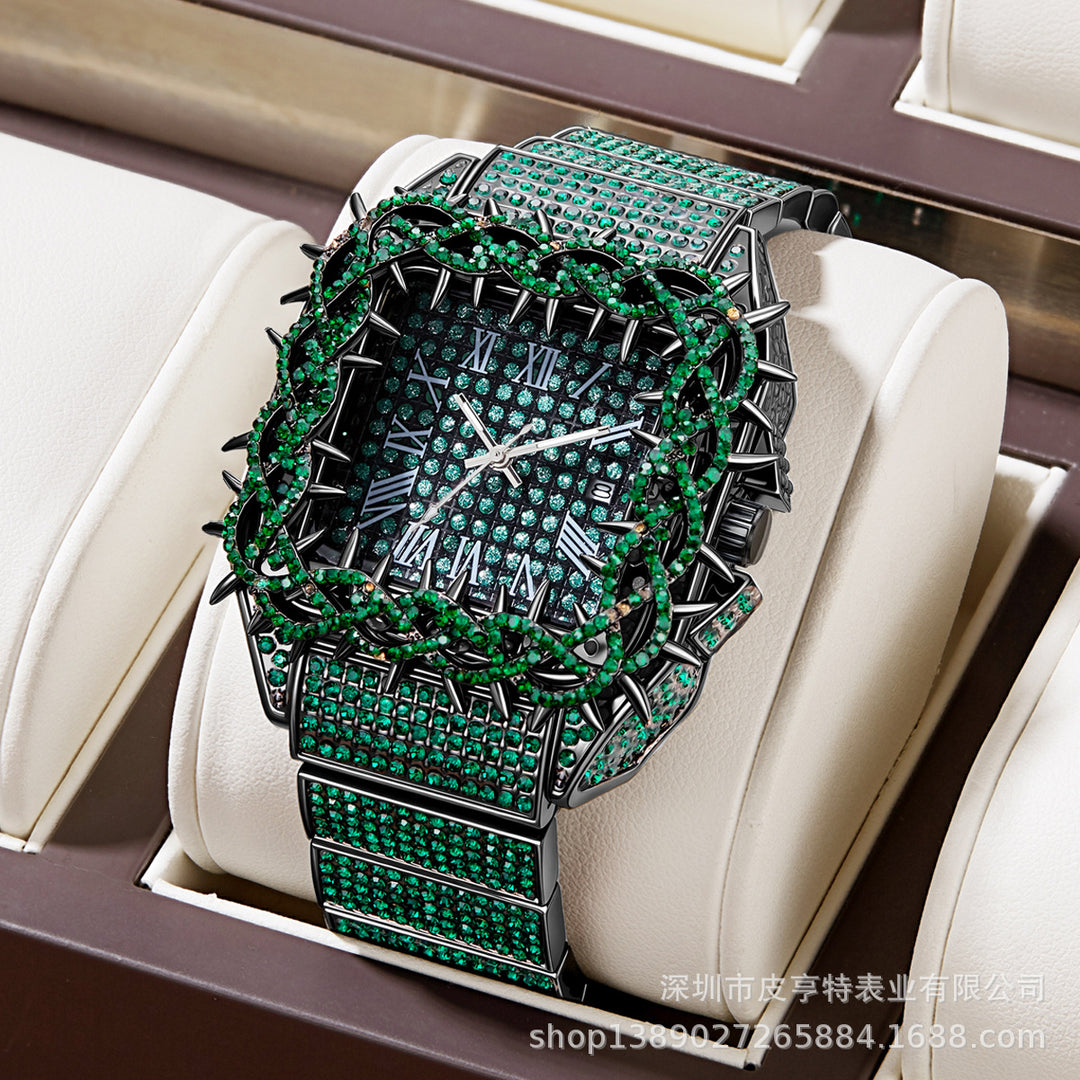 Square spiky dial, full diamond quartz watch