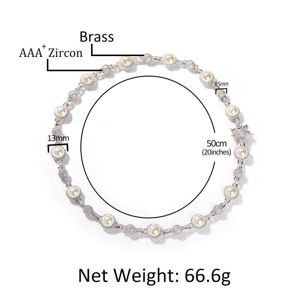 Hip-Hop Silver Pearl Necklace with Diamond Accents