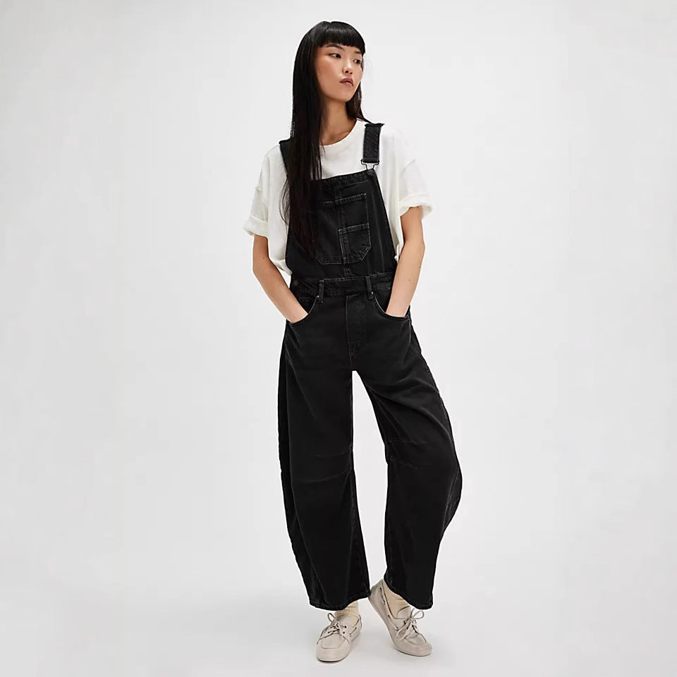 Washed Vintage, Loose-Fit, Straight-Leg Cargo Denim Overalls