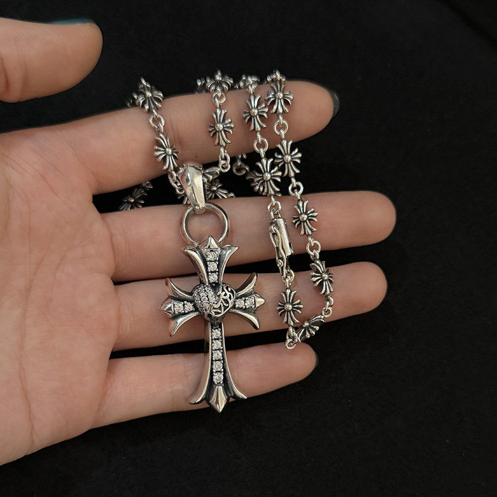 Chrome Hearts white diamond heart-shaped cross pendant