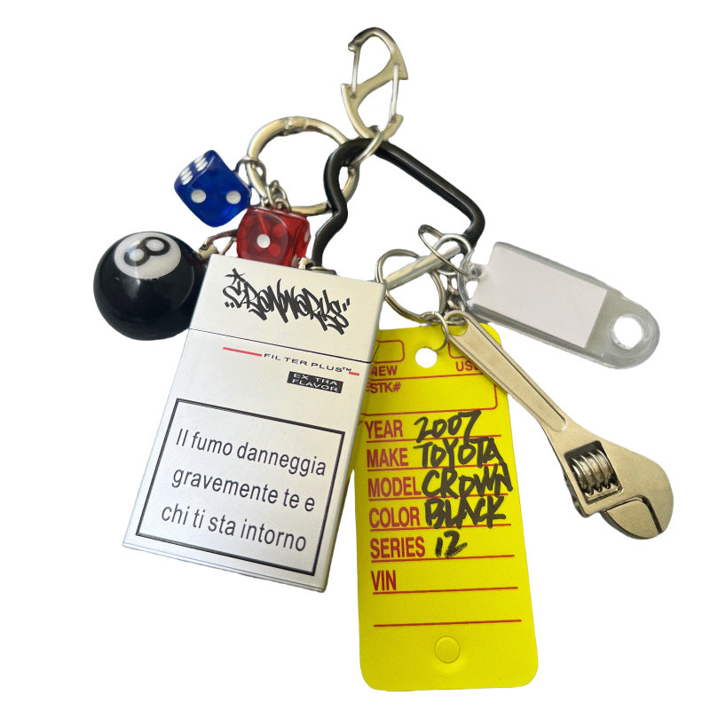 Multi-Element Keychain: Ashtray, Dice, and Wrench
