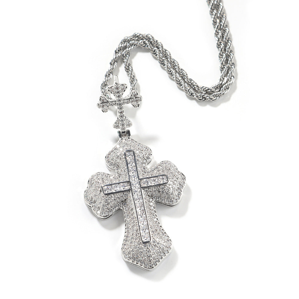 Hip-hop zircon-encrusted couple's necklace with large and small crosses