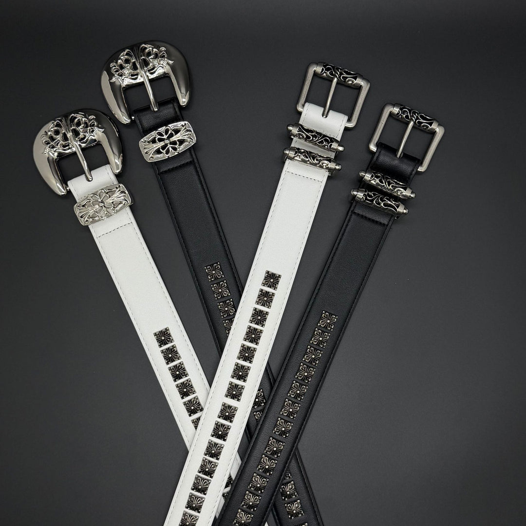 Chrome Hearts cross studded hollowed-out pin buckle leather belt.