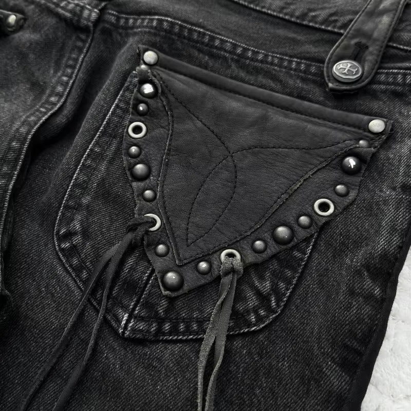 Y2K dark style cross print washed flared jeans