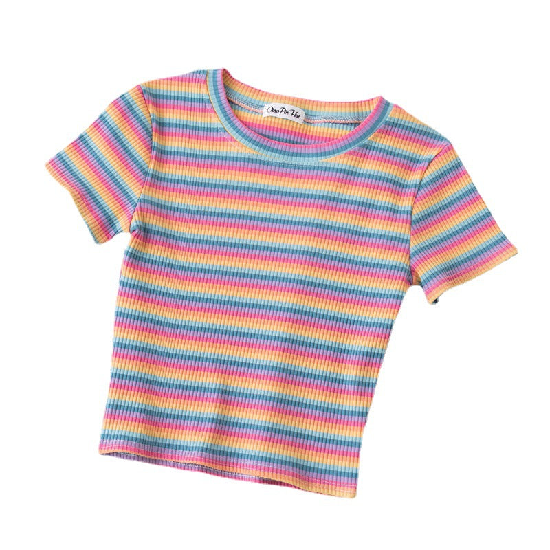 Women's short navel-baring rainbow striped tight T-shirt