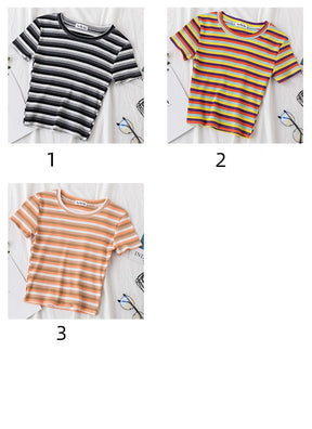 Women's short navel-baring rainbow striped tight T-shirt