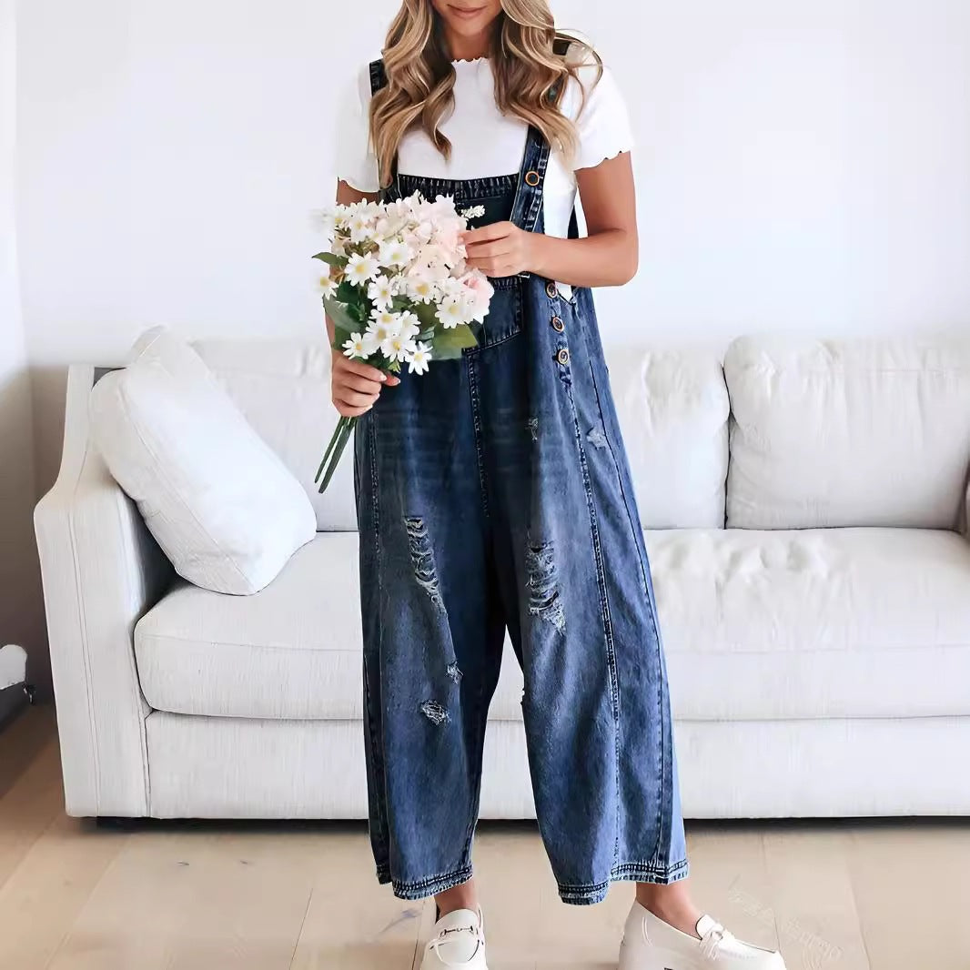 Vintage Distressed Ripped Loose-Fit Wide-Leg Denim Overalls