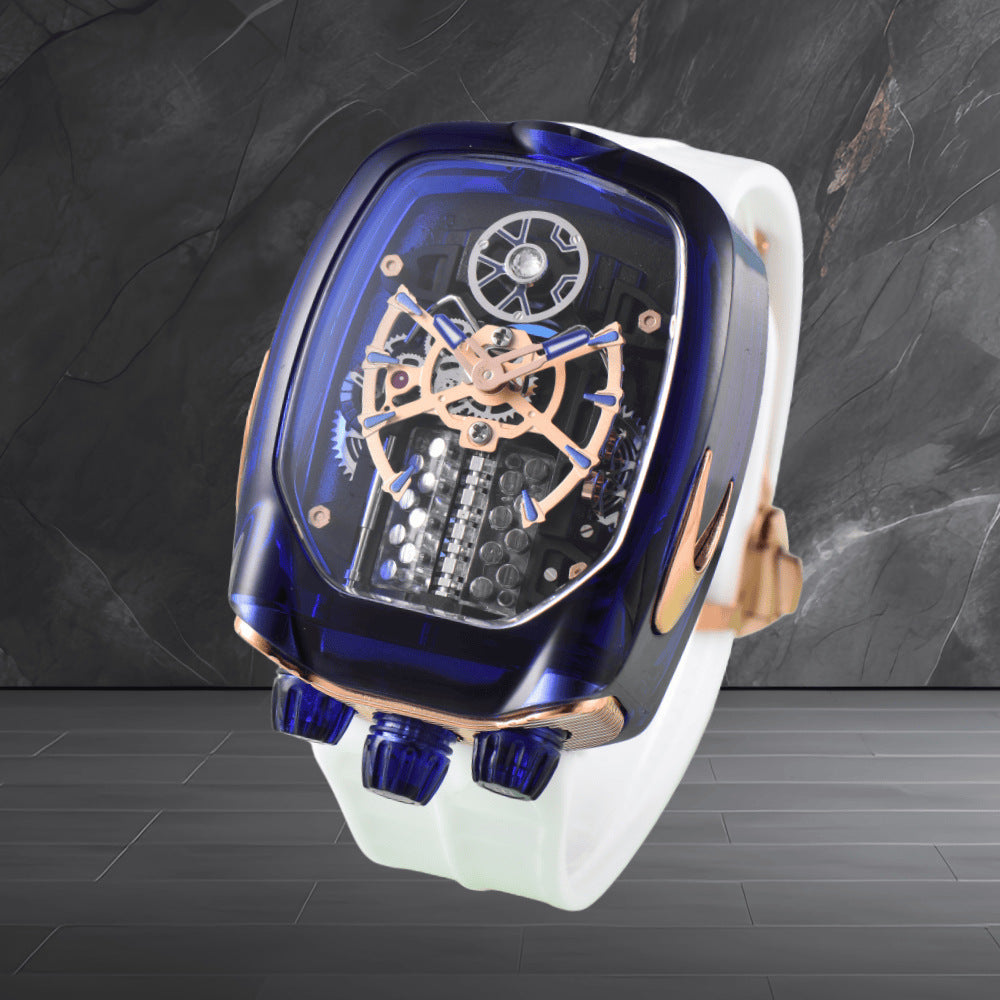 W16 Engine-Style Watch with Sparkling Transparent Crystal Case