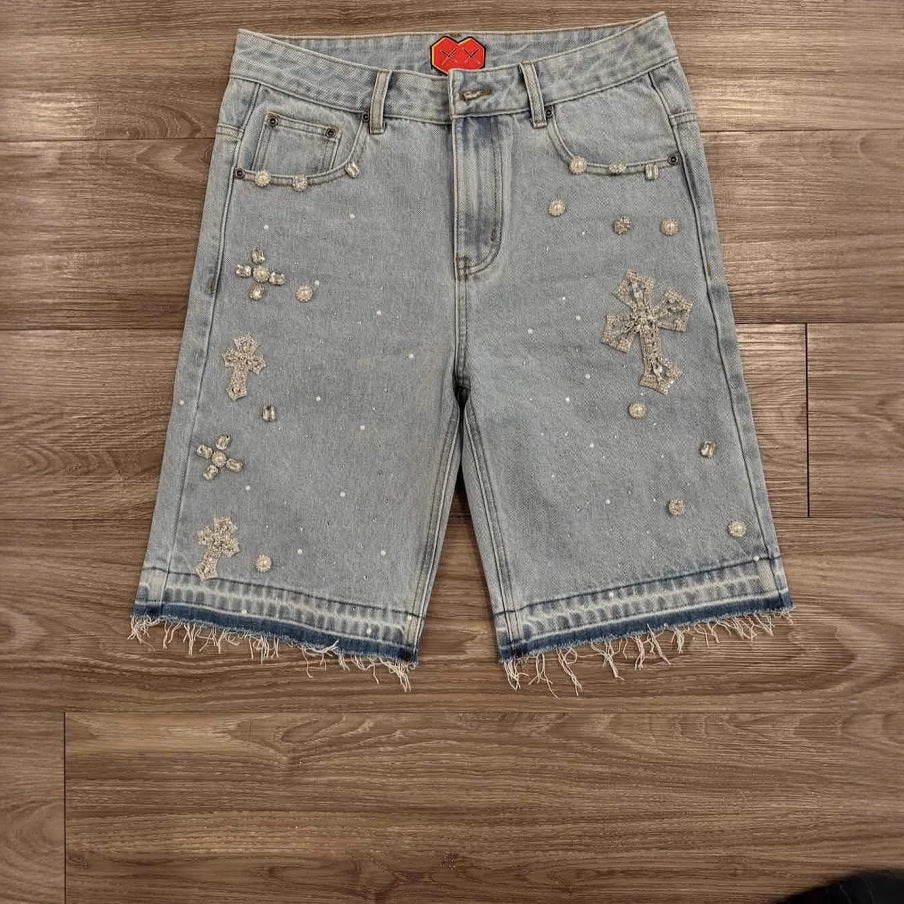 Hot-rhine cross five-point washed denim shorts