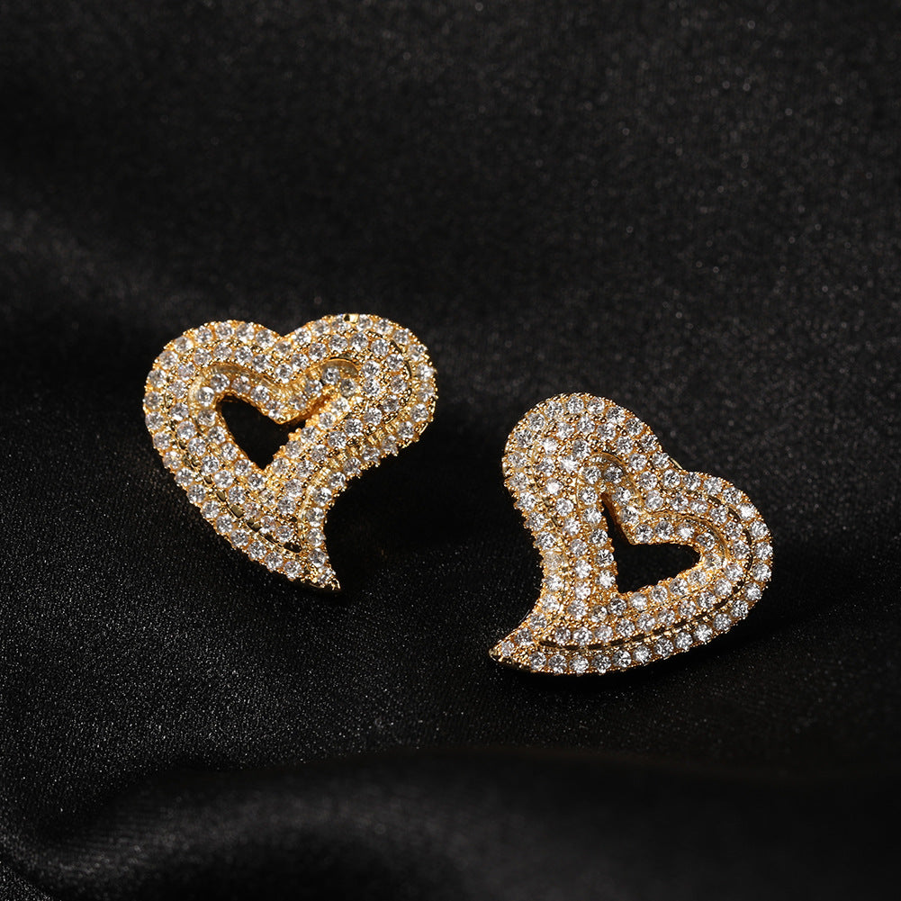 Hip-hop exaggerated zircon hollow heart earrings