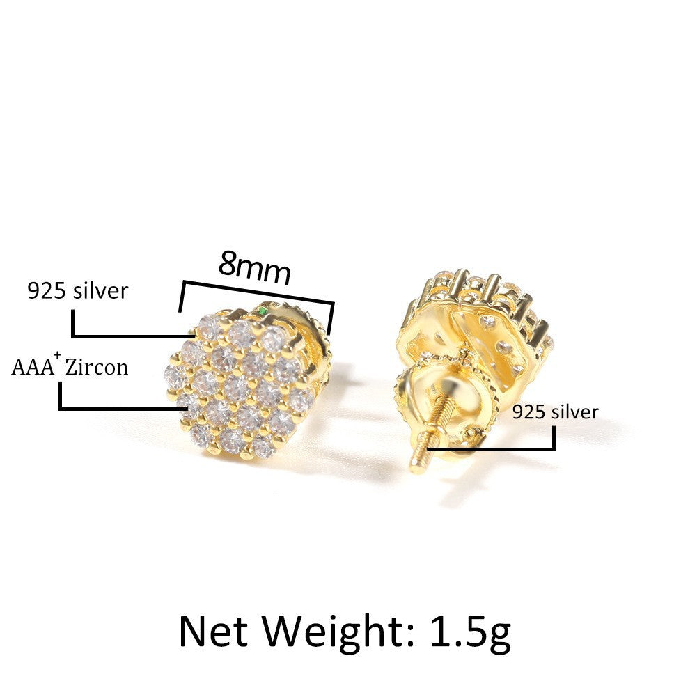 Hip Hop diamond-encrusted 925 silver stud earrings