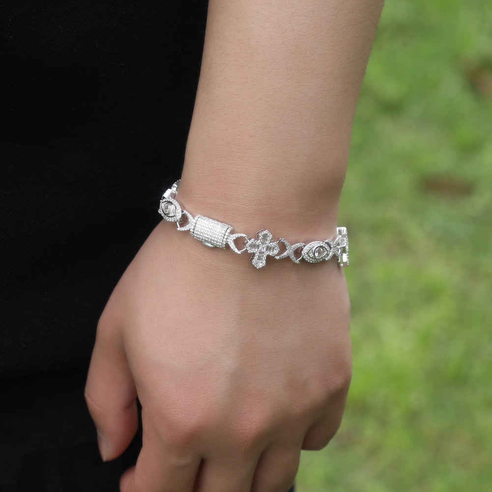 Hip-Hop Bracelet: Copper-Inlaid Zircon "Eye & Cross" Design
