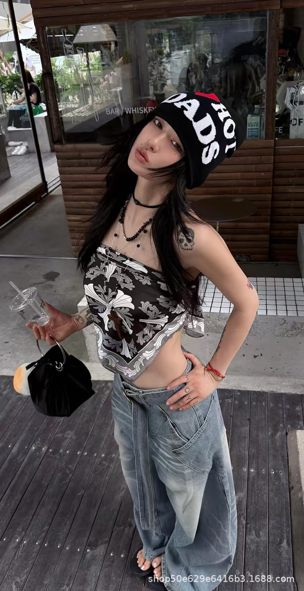 Chrome Hearts-Style All-Over Print Silk Bandeau Top