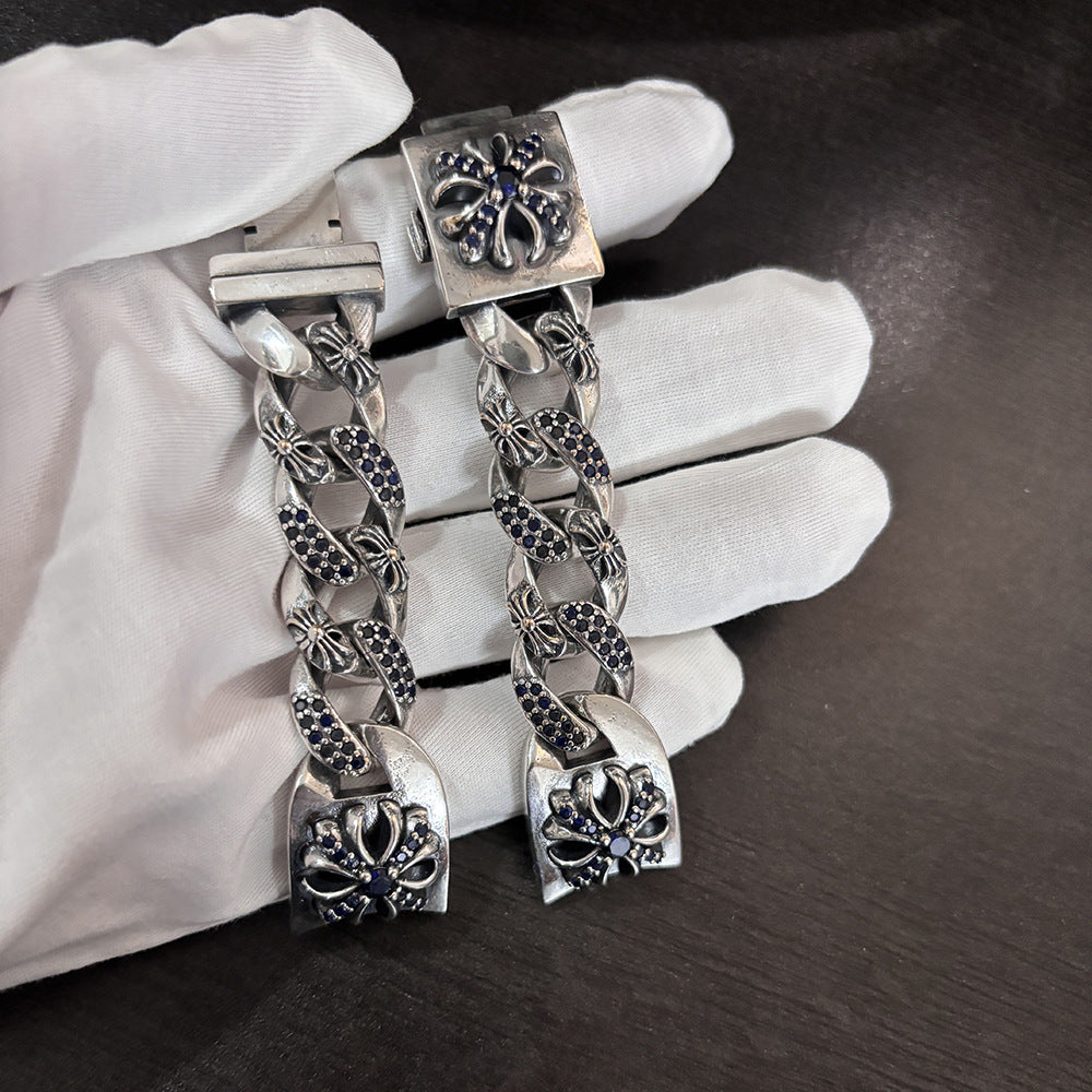 Chrome Hearts blue diamond-encrusted cross flower watch chain
