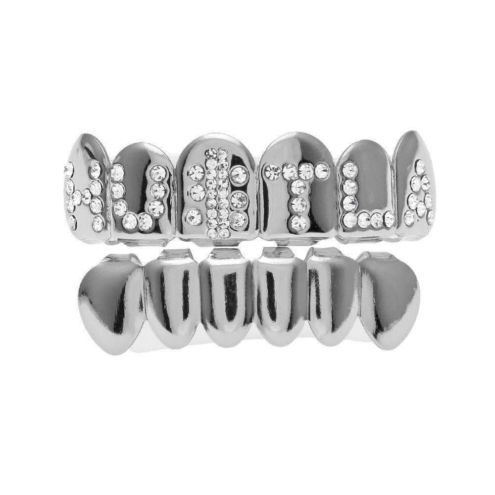 Hip-hop diamond-encrusted and gold-plated teeth grillz