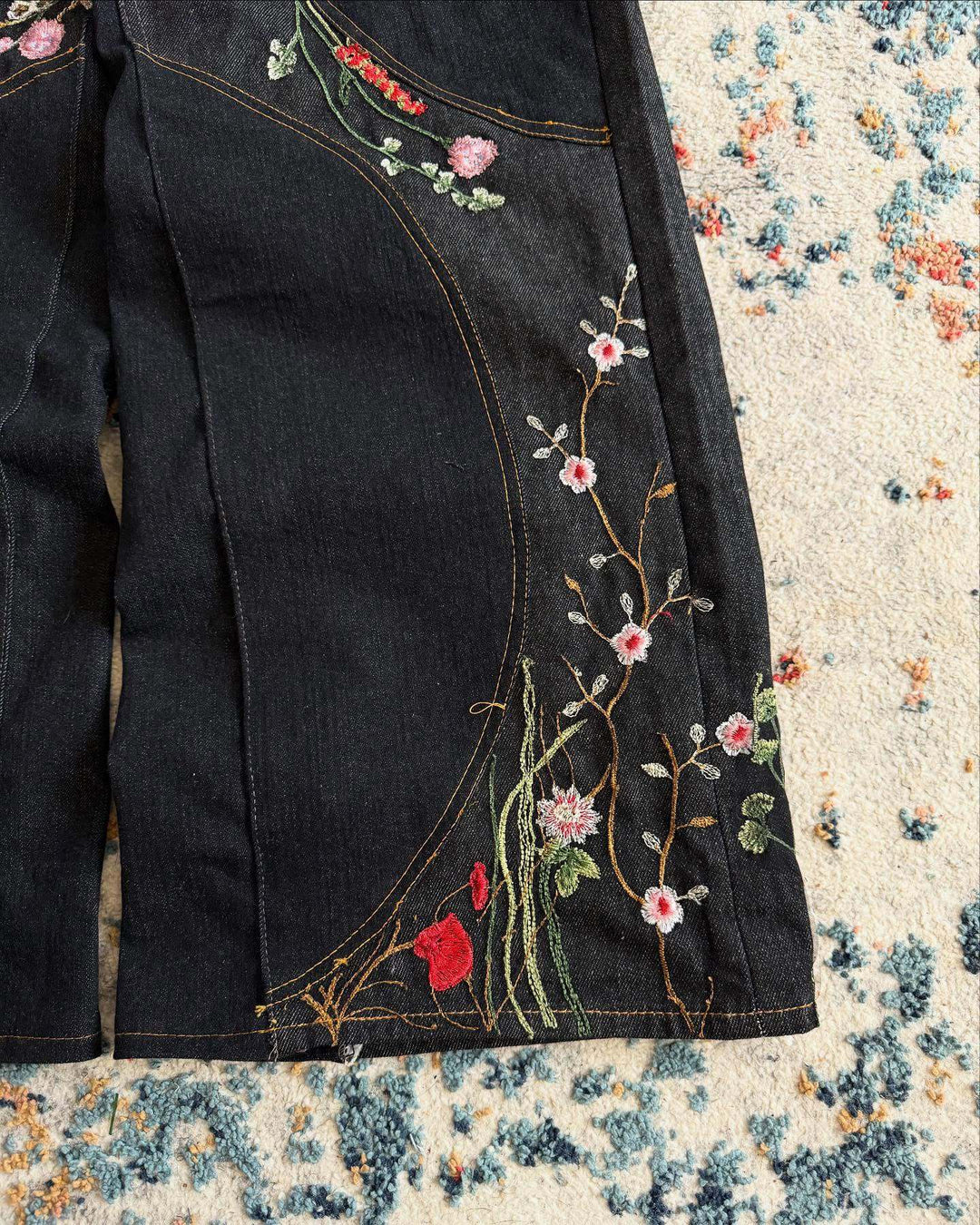 Y2K Loose-Fit Wide-Leg Patchwork Jeans with Floral Embroidery