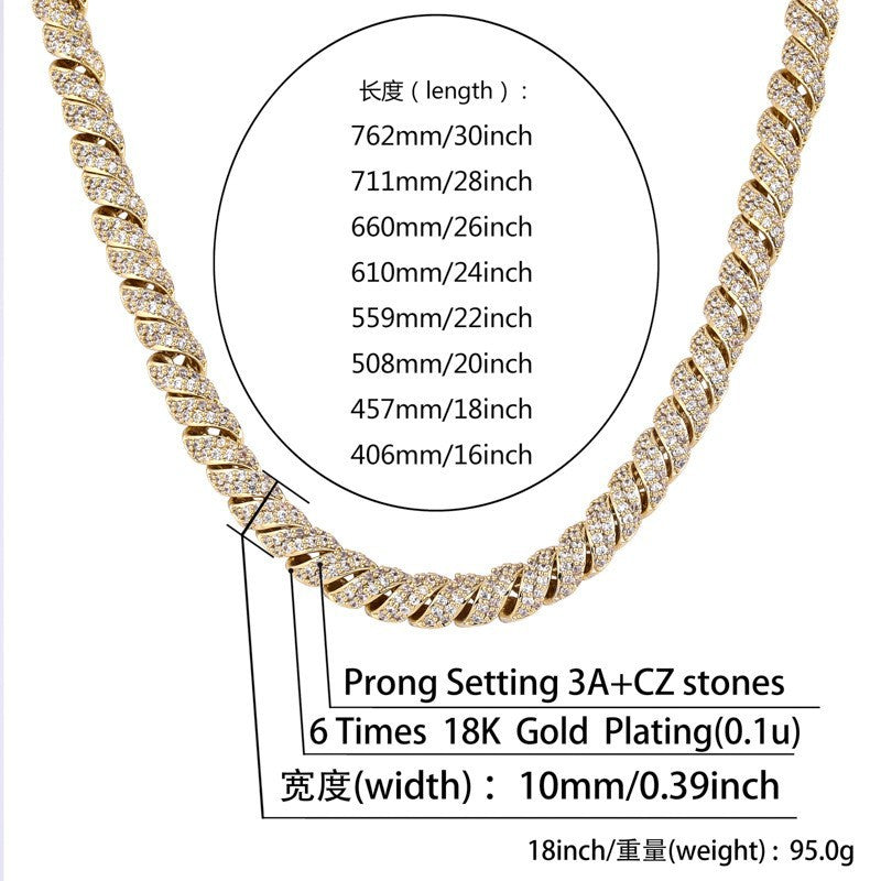Hemp rope 10mm ice crystal zircon Cuban men's necklace