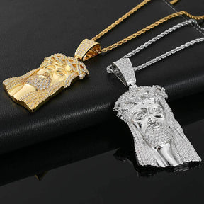 Micro Paved Zircon Jesus Head Hip Hop Men's Pendant Necklace