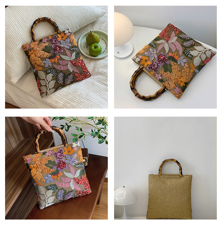 Embroidered sequins linen bamboo handle tote bag
