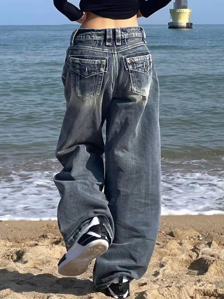 Washed High-Waisted Floor-Length Wide-Leg Jeans for Women