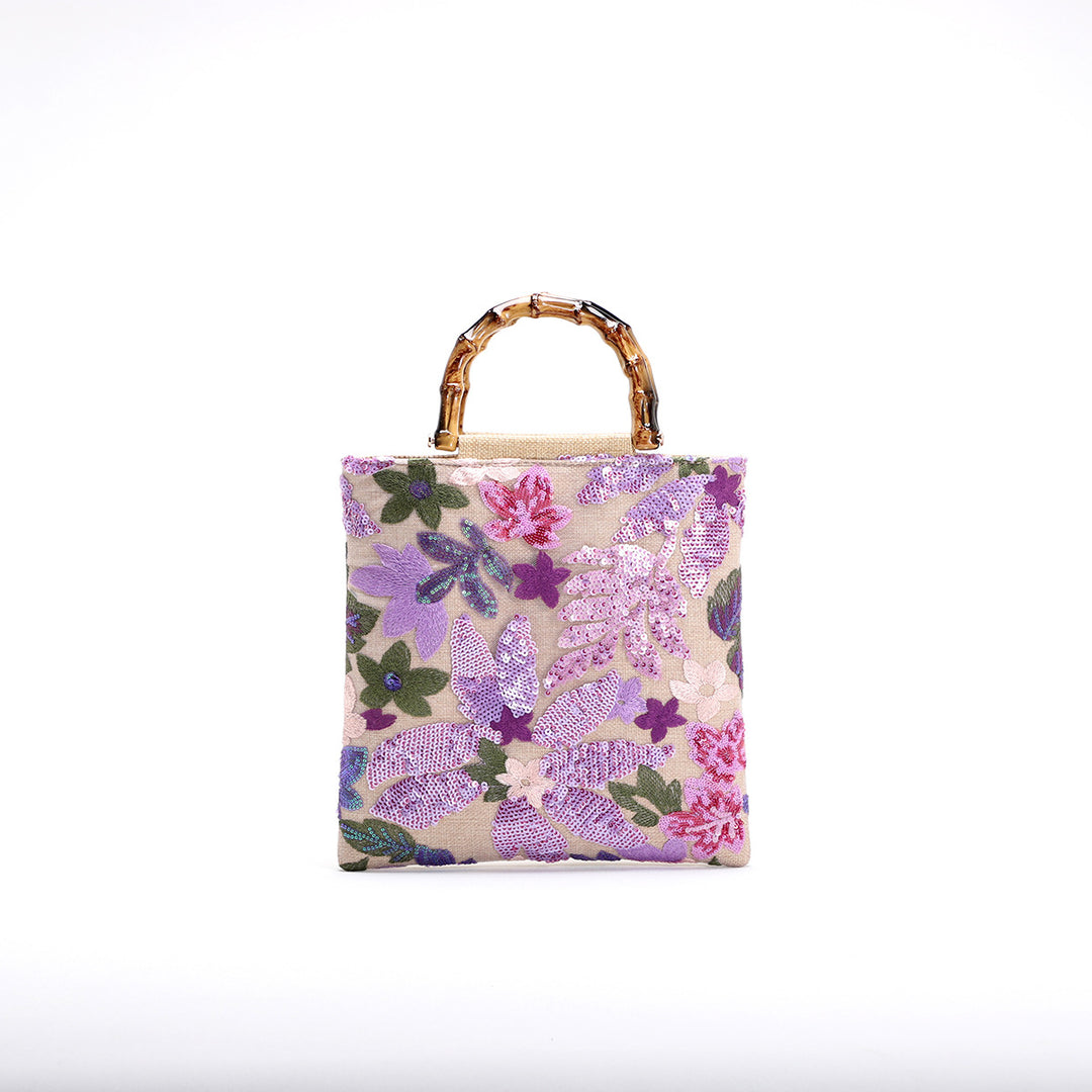 Embroidered sequins linen bamboo handle tote bag