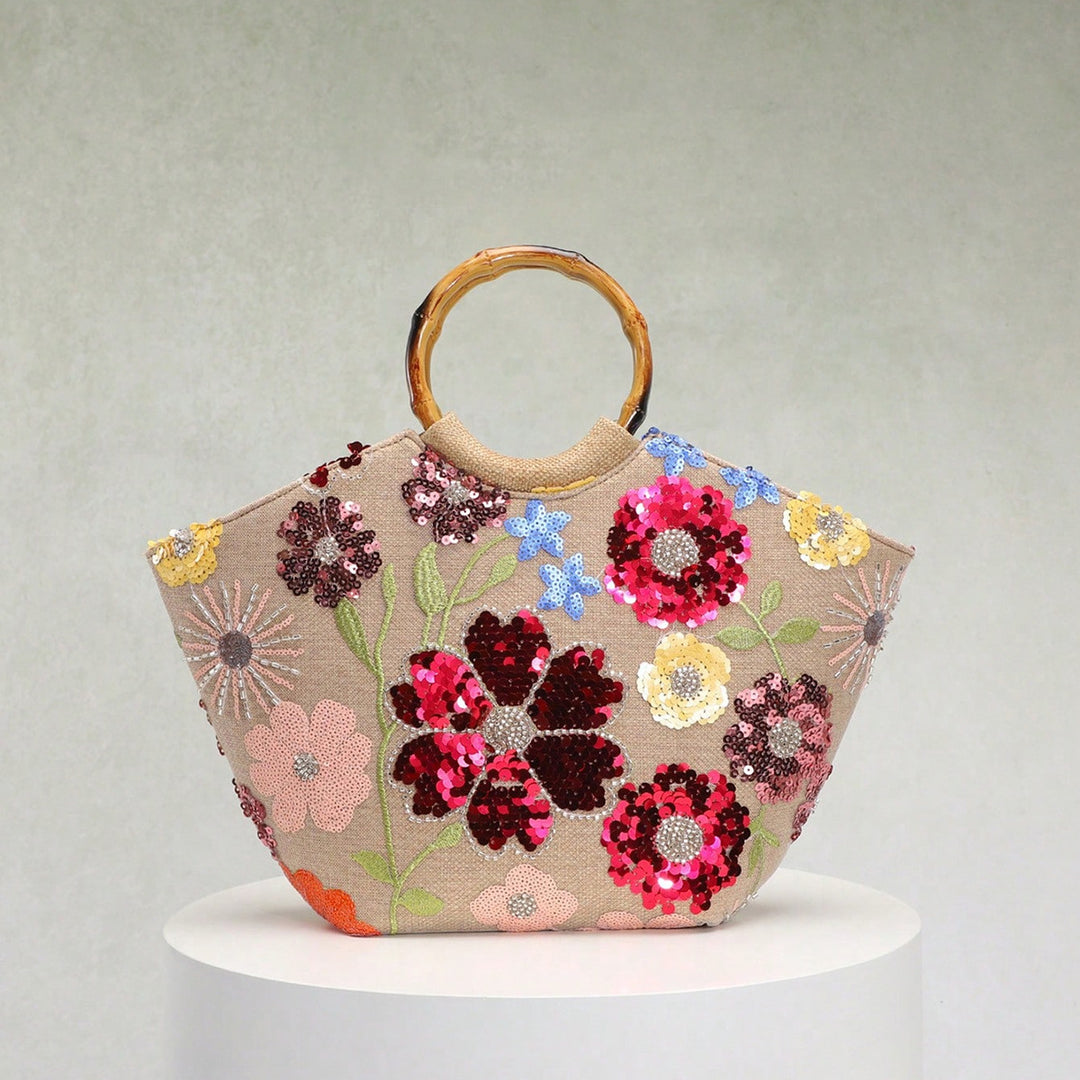 Embroidered Appliqué Sequins and Flowers Vacation Style Handbag