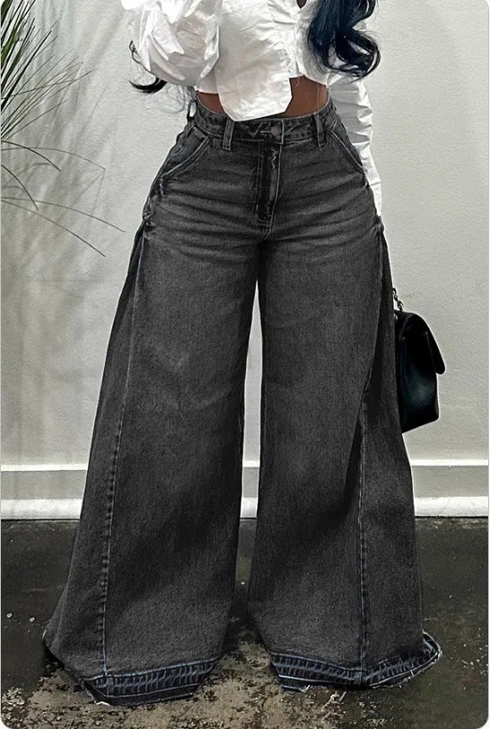 Washed wide-leg patchwork jeans for women